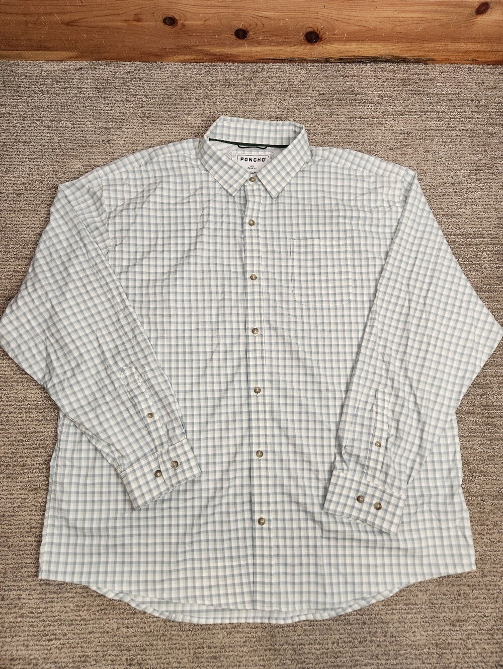 PONCHO Nylon Button Down Mens 2XL Blue Green White Plaid Long Sleeve Regular Fit